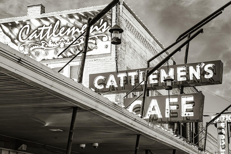 Cattlemens Cafe and Steakhouse Neon Sign - Stockyard City Sepia Photograph by Gregory Ballos