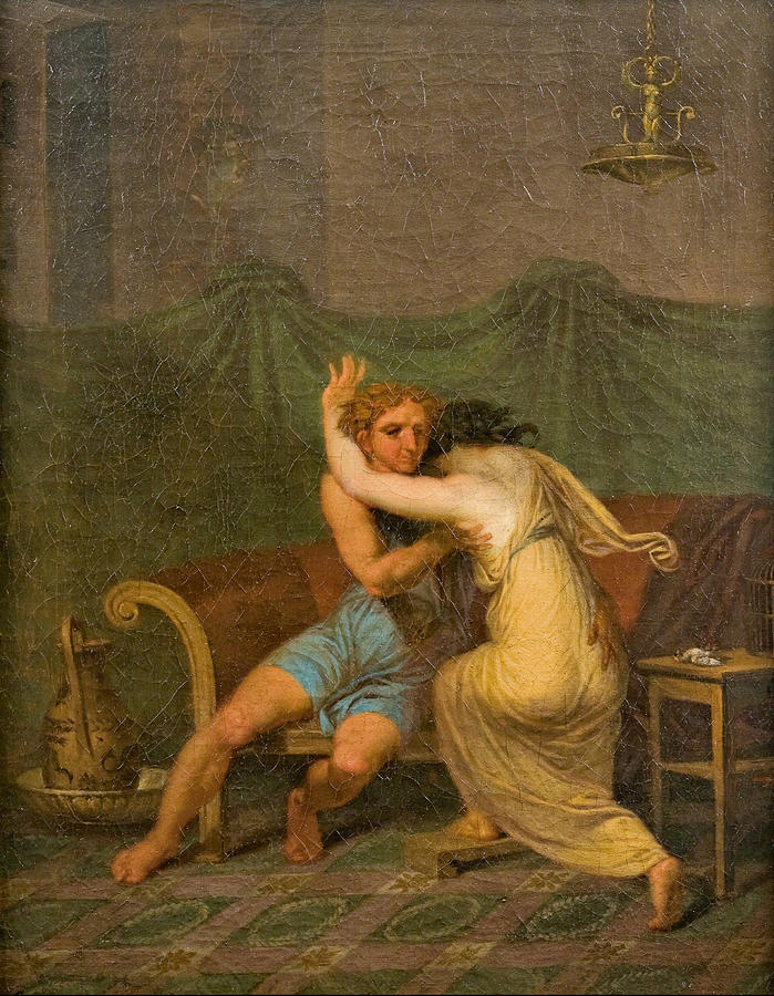 Sparrow Painting - Catullus  and Lesbia Seeking Comfort in his Arms for the Death of her Sparrow  by Nicolai Abildgaard