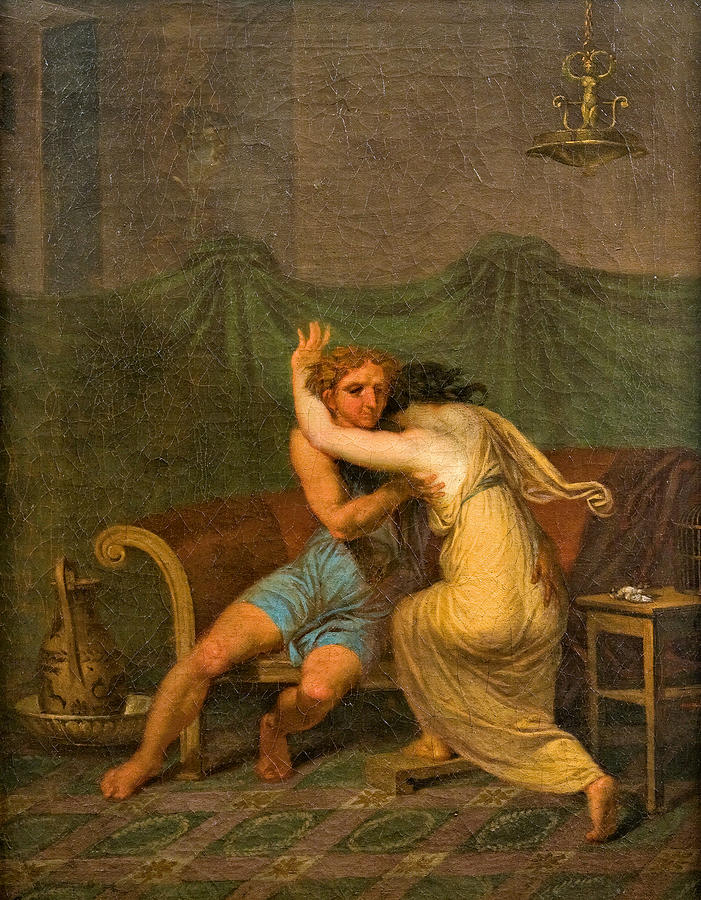 Catullus and Lesbia, who in his arms seek solace for the death of her sparrow Painting by Nicolai Abildgaard