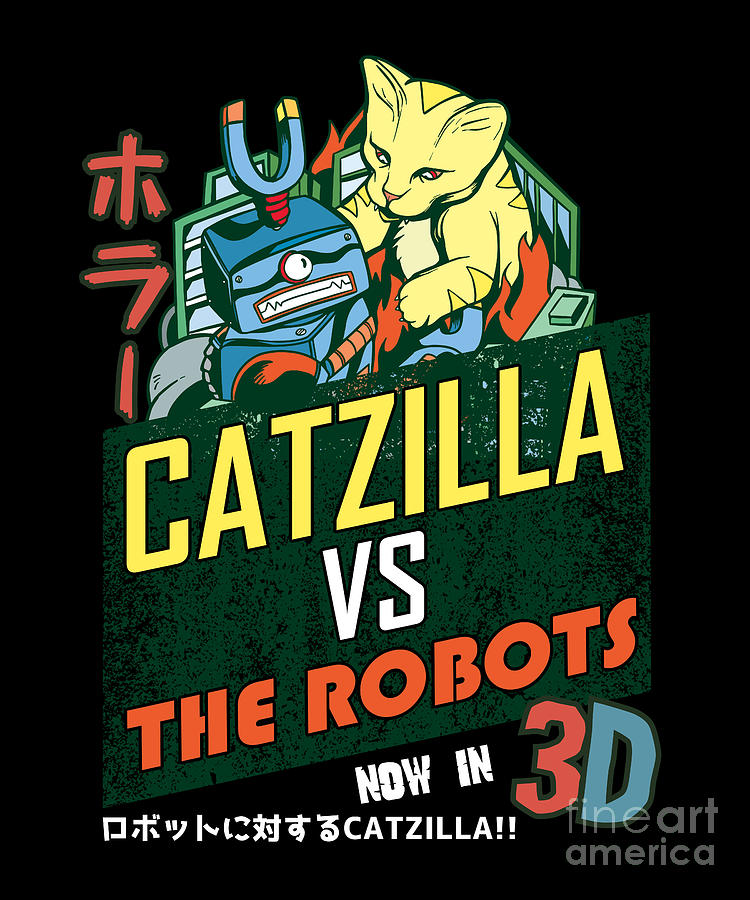 Catzilla Fighting Robots Digital Art by ShirTom