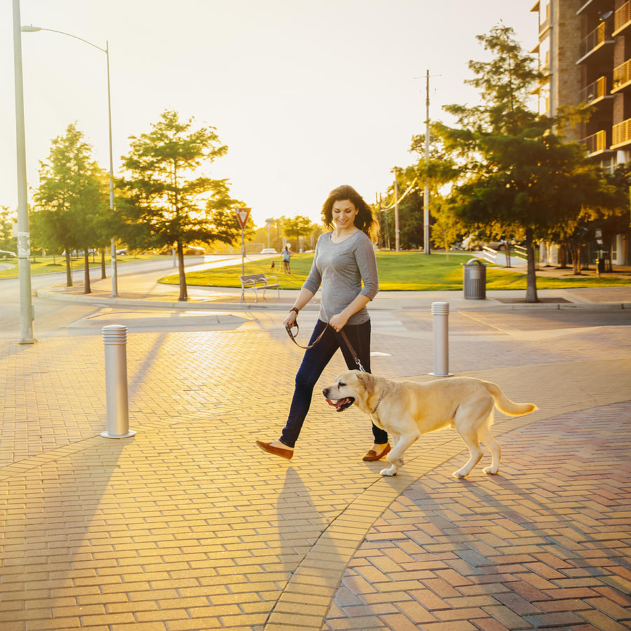Caucasian woman walking dog on sidewalk Photograph by Inti St Clair