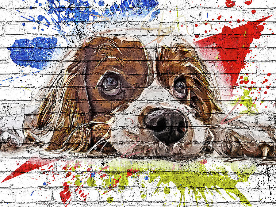 Cavalier King Charles Spaniel Block Wall Pop Graffiti Painting by Custom Pet Portrait Art Studio
