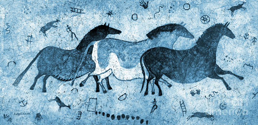 Cave Horses In Blue Painting