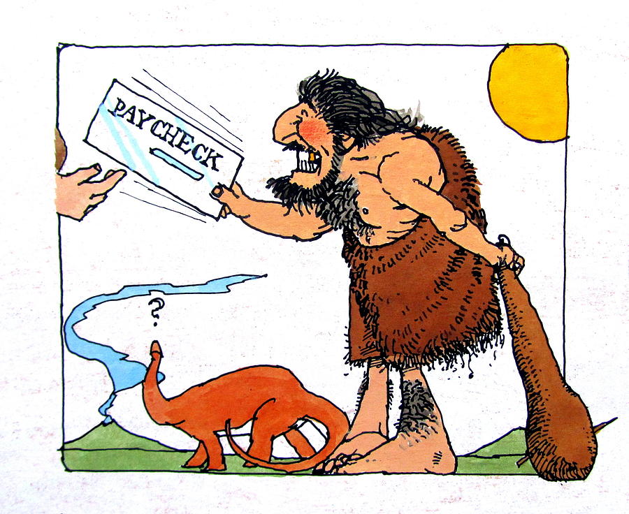 Dinosaur Drawing - Caveman on Payday by Allan Phillips
