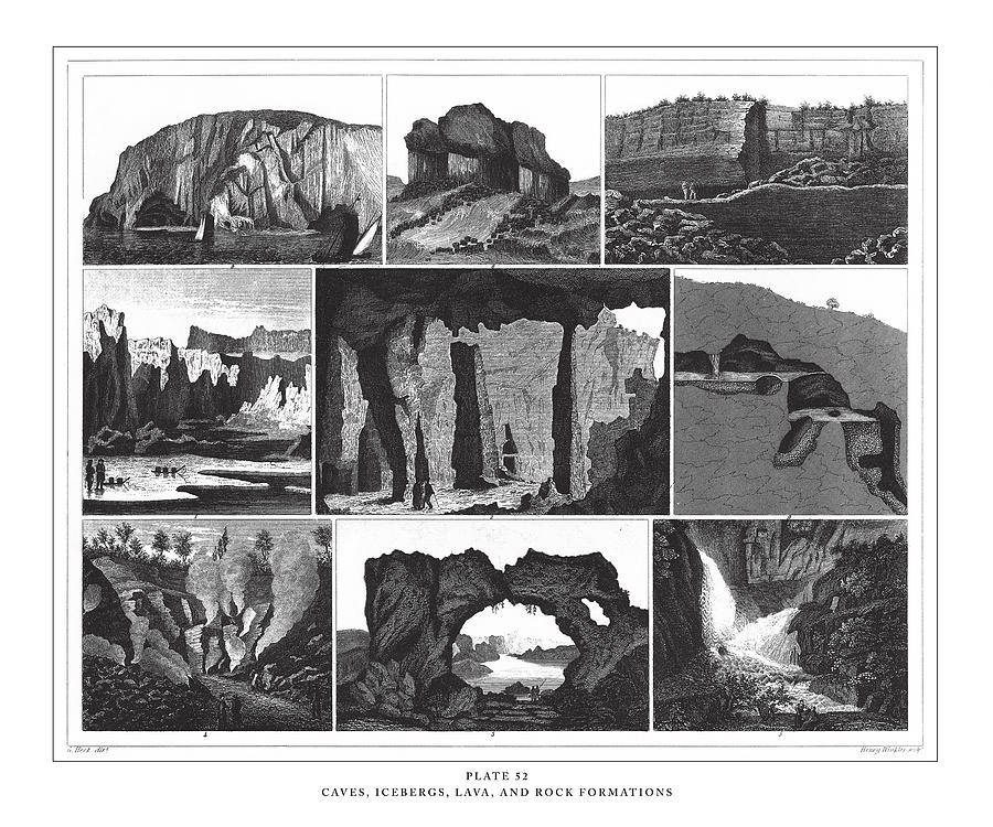 Caves, Icebergs, Lava and Rock Formations Engraving Antique Illustration, Published 1851 Drawing by Bauhaus1000