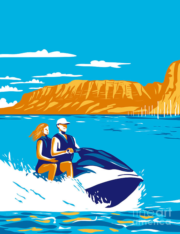 Cedar Bluff State Park With Couple Riding Jet Ski In Cedar Bluff Reservoir In Kansas Usa Wpa Poster Art Digital Art