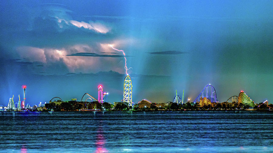 Cedar Point Amusement Park Lightning Storm Wide Version Sandusky Ohio v3 Photograph by Dave Morgan