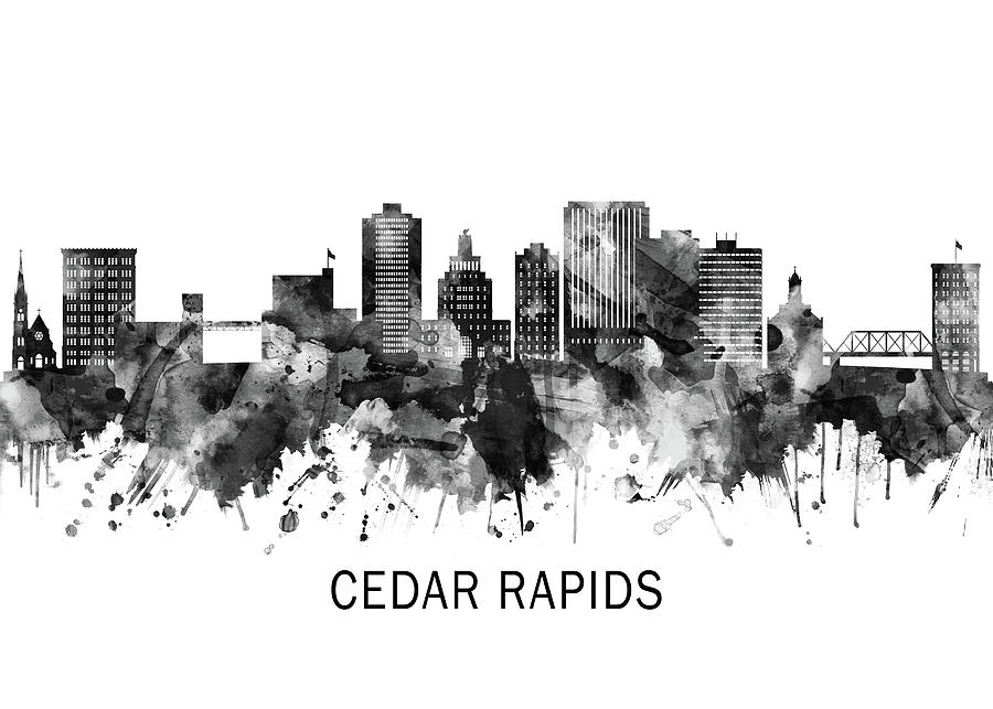 Cedar Rapids Iowa Skyline BW Mixed Media by NextWay Art