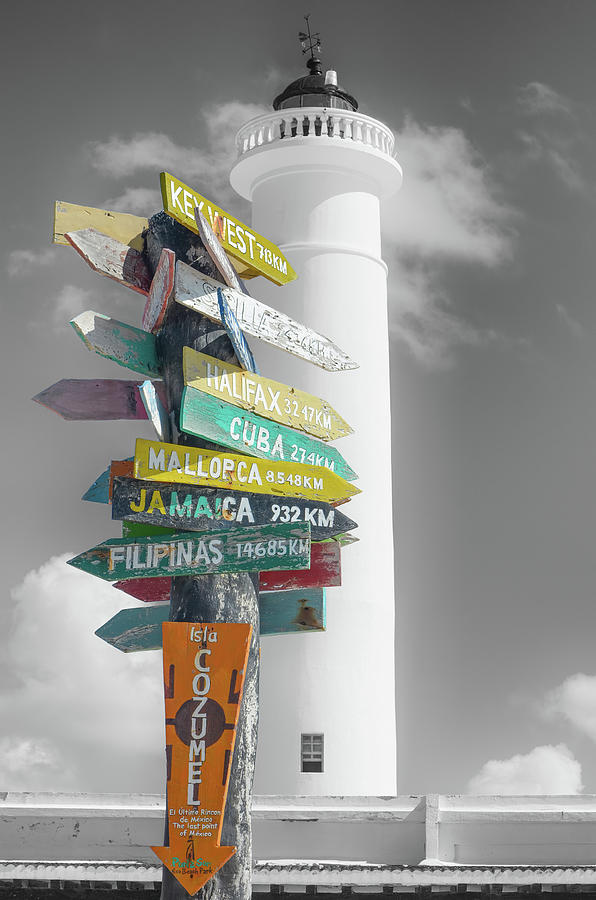 Celarain Lighthouse and Directional Sign Post at Punta Sur Eco Park Cozumel Mexico Color Splash Digital Art by Shawn OBrien