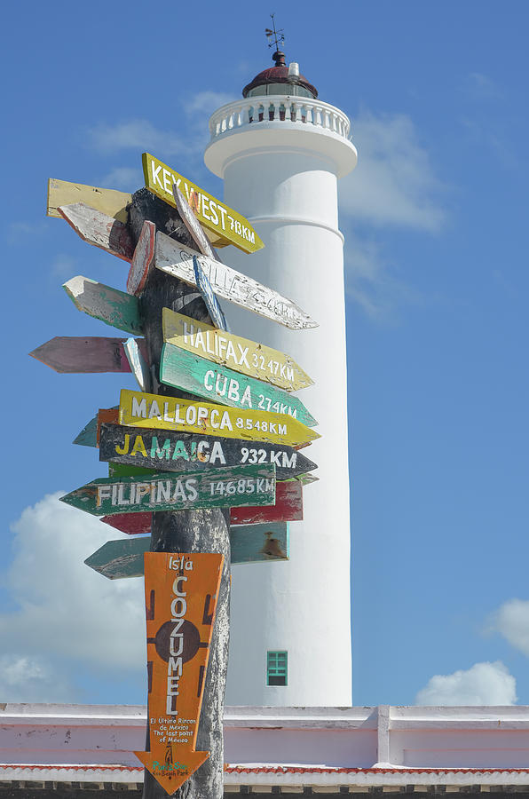 Celarain Lighthouse and Directional Sign Post at Punta Sur Eco Park Cozumel Mexico Photograph by Shawn OBrien