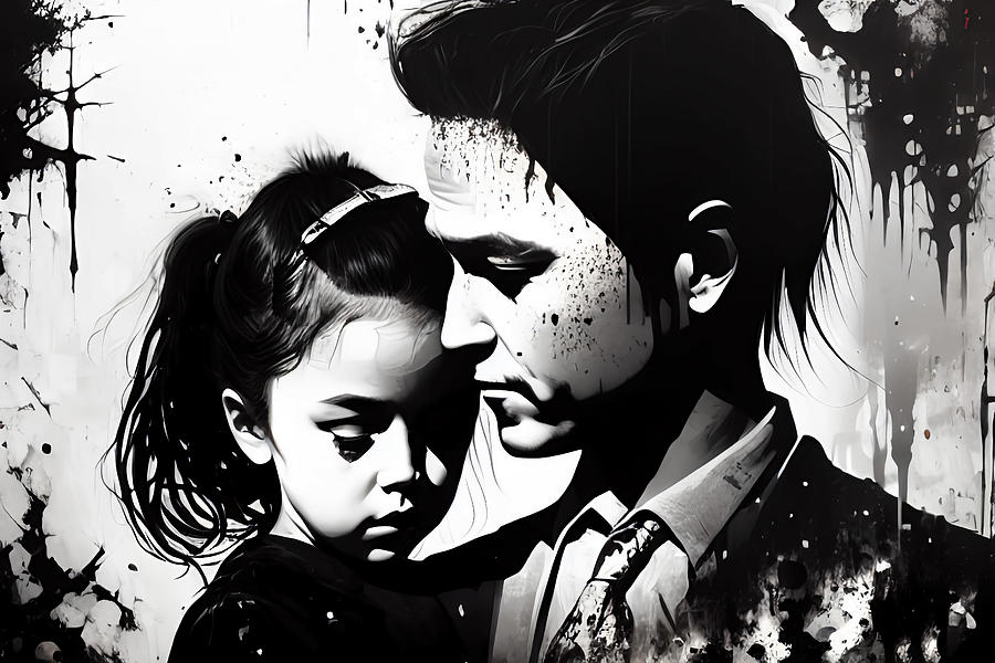 Celebrating Father and Daughter Love with Splash Paint Style in Black and White Digital Art by Artvizual Premium