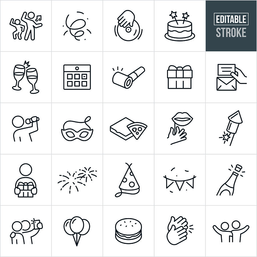 Celebration Thin Line Icons - Ediatable Stroke Drawing by Appleuzr
