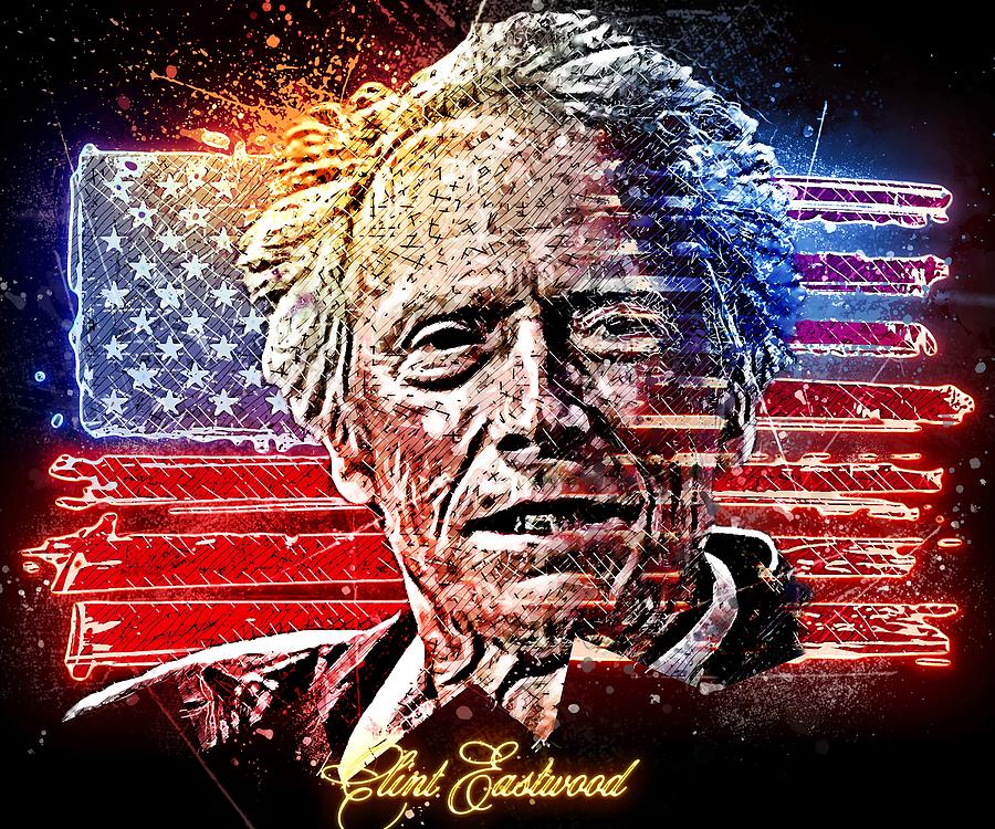 Celebrity Clint Eastwood Paint Oil Neon art Mixed Media by Luettgen