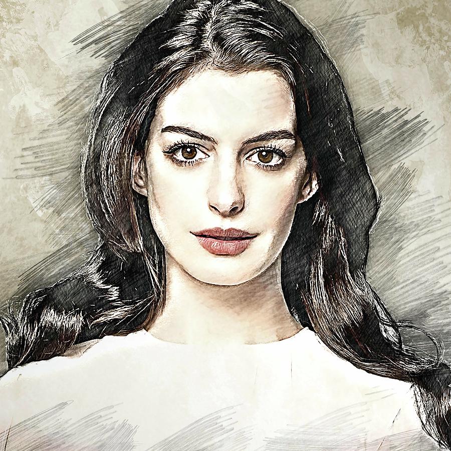 Celebrity Hathaway Anne Pencil Drawing Drawing by Bechtelar Natalia