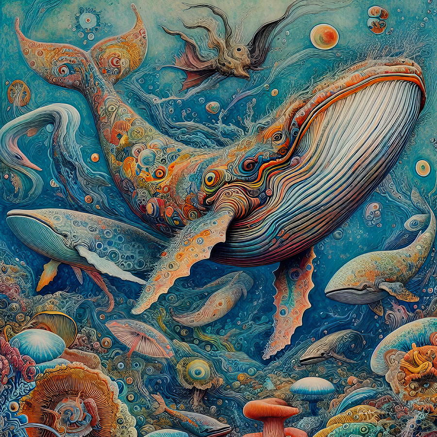 Celestial Cetaceans - A Kaleidoscope of Colorful Whales Digital Art by Russ Harris