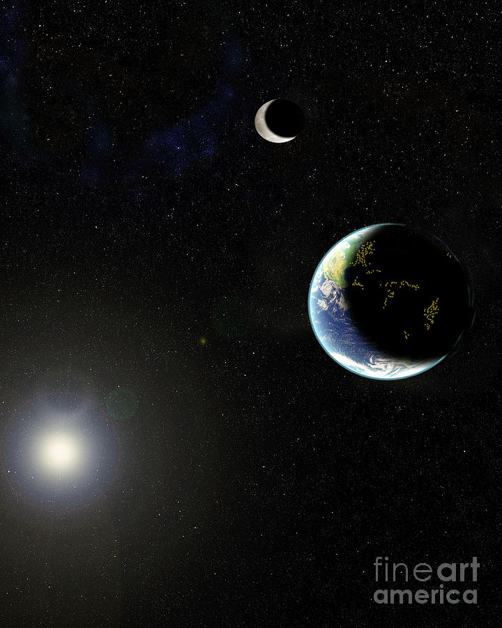 Celestial view of the blue planet earth the moon and the sun Digital Art by Timothy OLeary