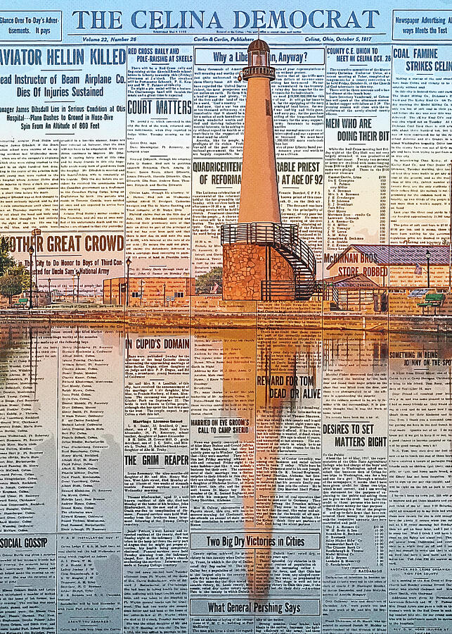 Celina Ohio Lighthouse Old Newspaper Mixed Media by Dan Sproul Celina Ohio Lighthouse Old Newspaper Mixed Media by Dan Sproul