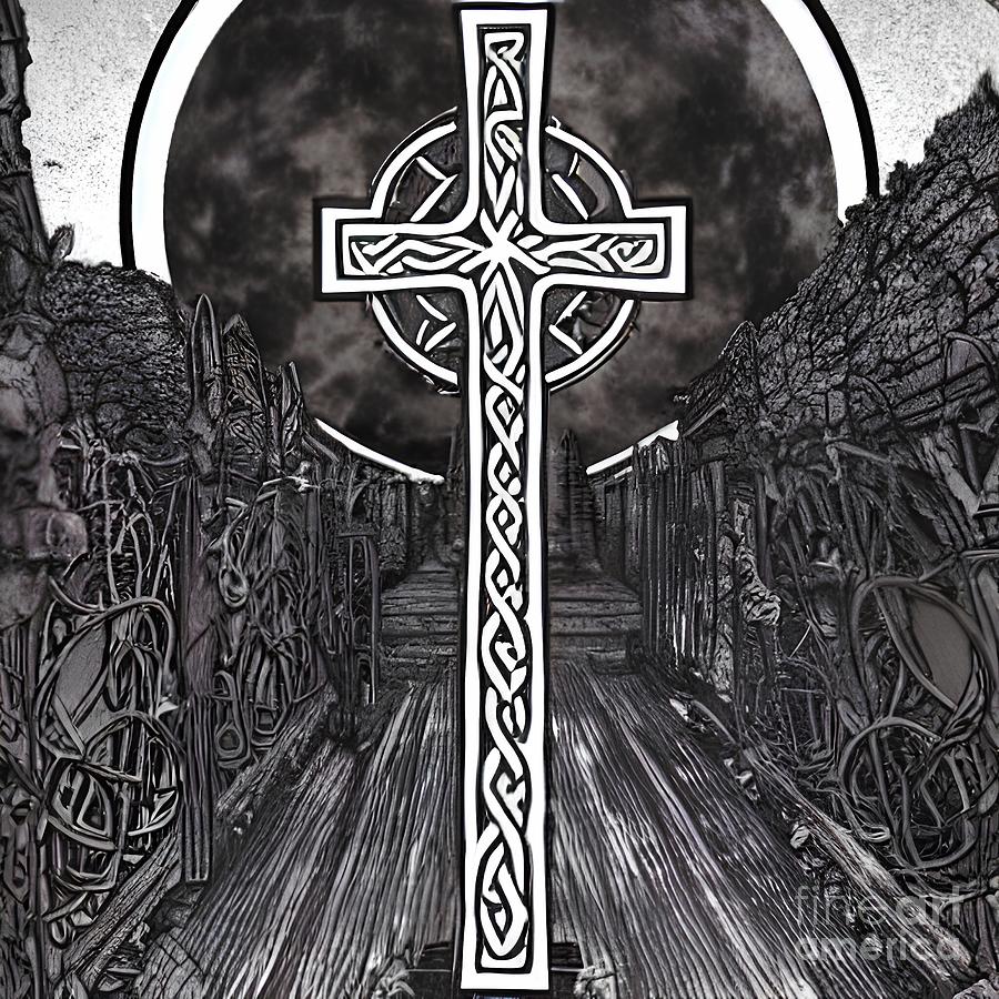 Celtic Cross at Graveyard in Mystical Landscape v29 Digital Art by