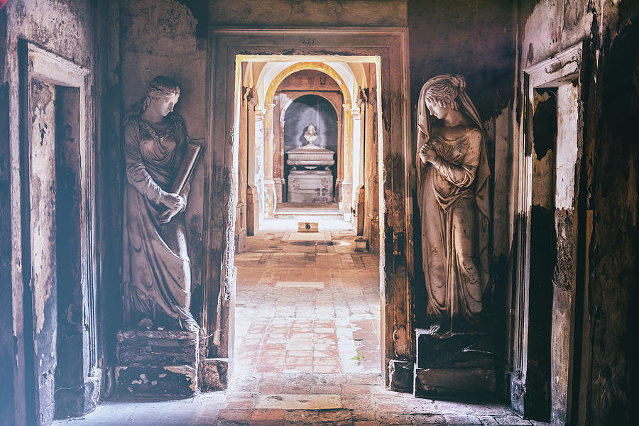 Cemetery Corridor Background With Two Statues In A Vintage Camera Film Effect Look Photograph by Luca Lorenzelli