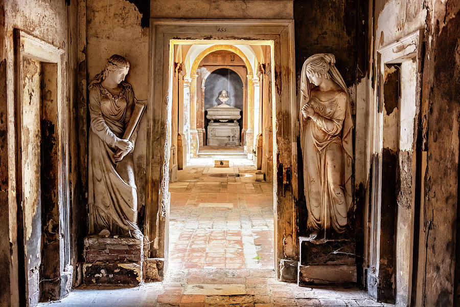 Cemetery Photograph - Cemetery Corridor Background With Two Statues by Luca Lorenzelli