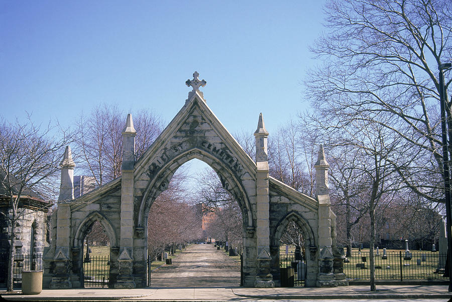 Cemetery stone entrance, Erie Street, Cleveland, OH Photograph by Barry Winiker