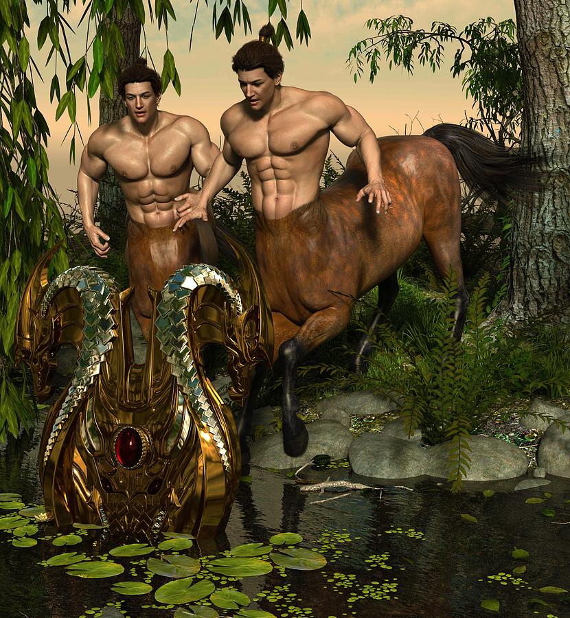 Centaur Siblings And The Golden Shield In The Forest Swamp Digital Art