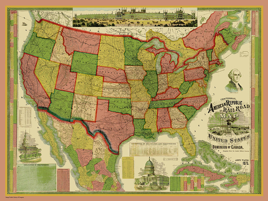 Centennial American Republic and Railroad Map of the United States and Canada 1876 Digital Art by Chuck Mountain