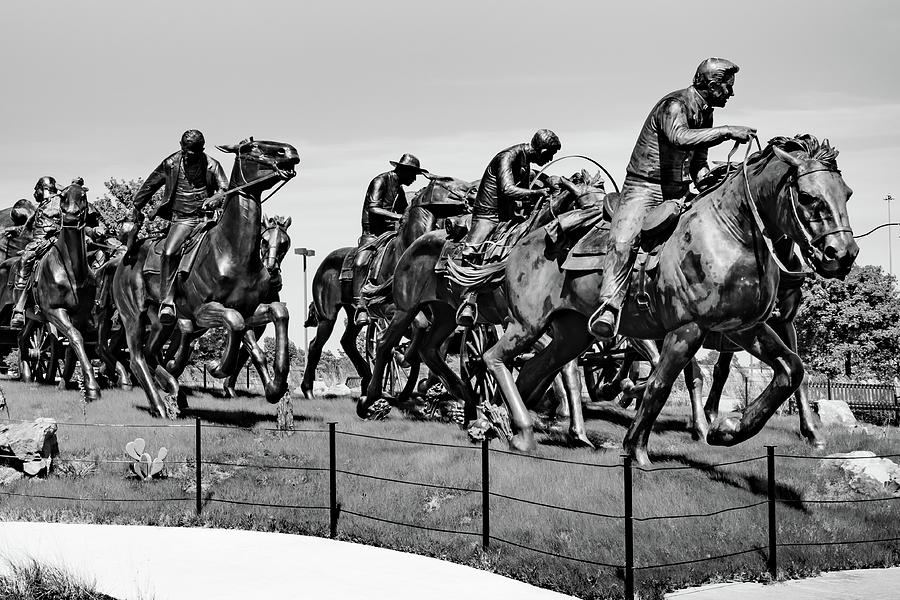 Centennial Land Run Monument in Black and White - Oklahoma City Bricktown Photograph by Gregory Ballos