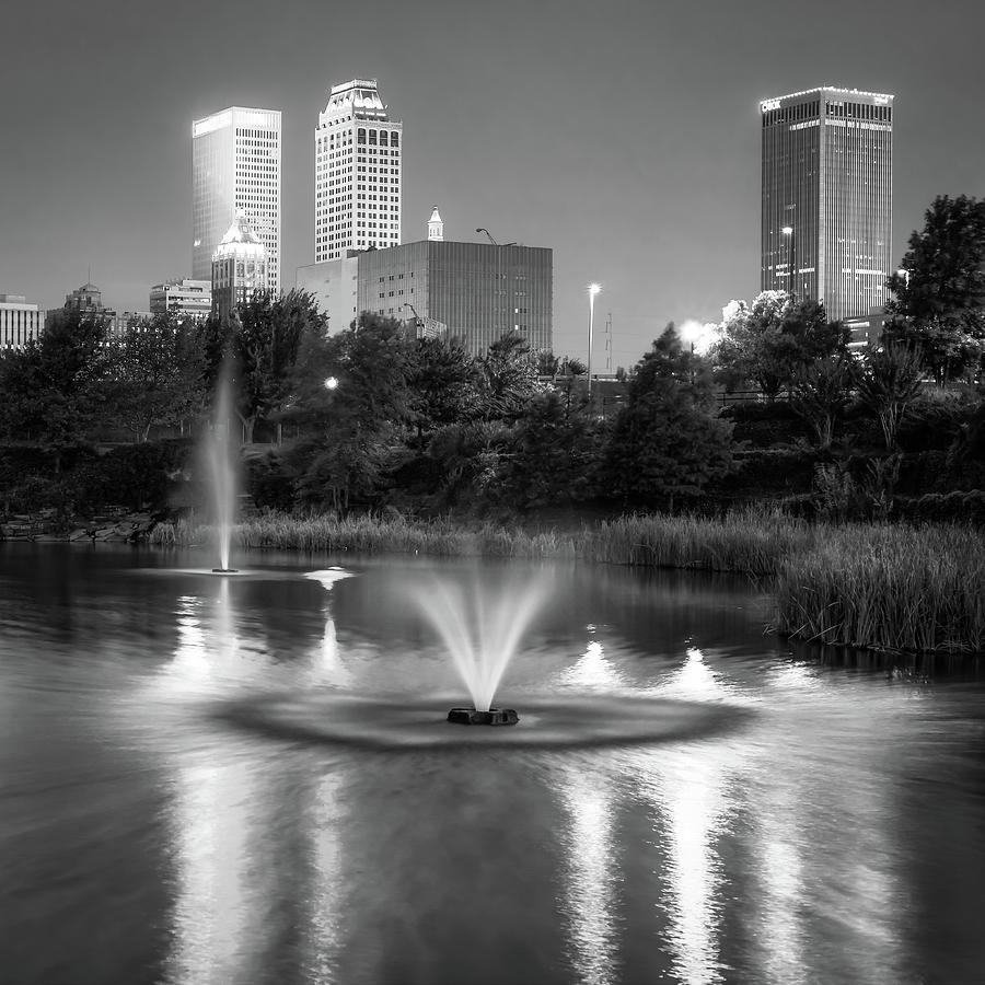 Centennial Park Fountain And Tulsa Skyline In Black And White 1x1 Photograph by Gregory Ballos