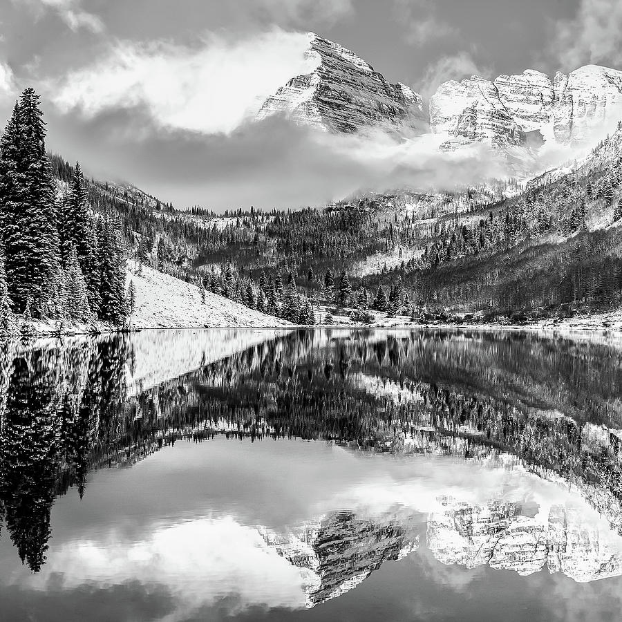 Black And White Photograph - Center Panel 2 of 3 - Maroon Bells Mountain Landscape Panoramic BW - Aspen Colorado by Gregory Ballos