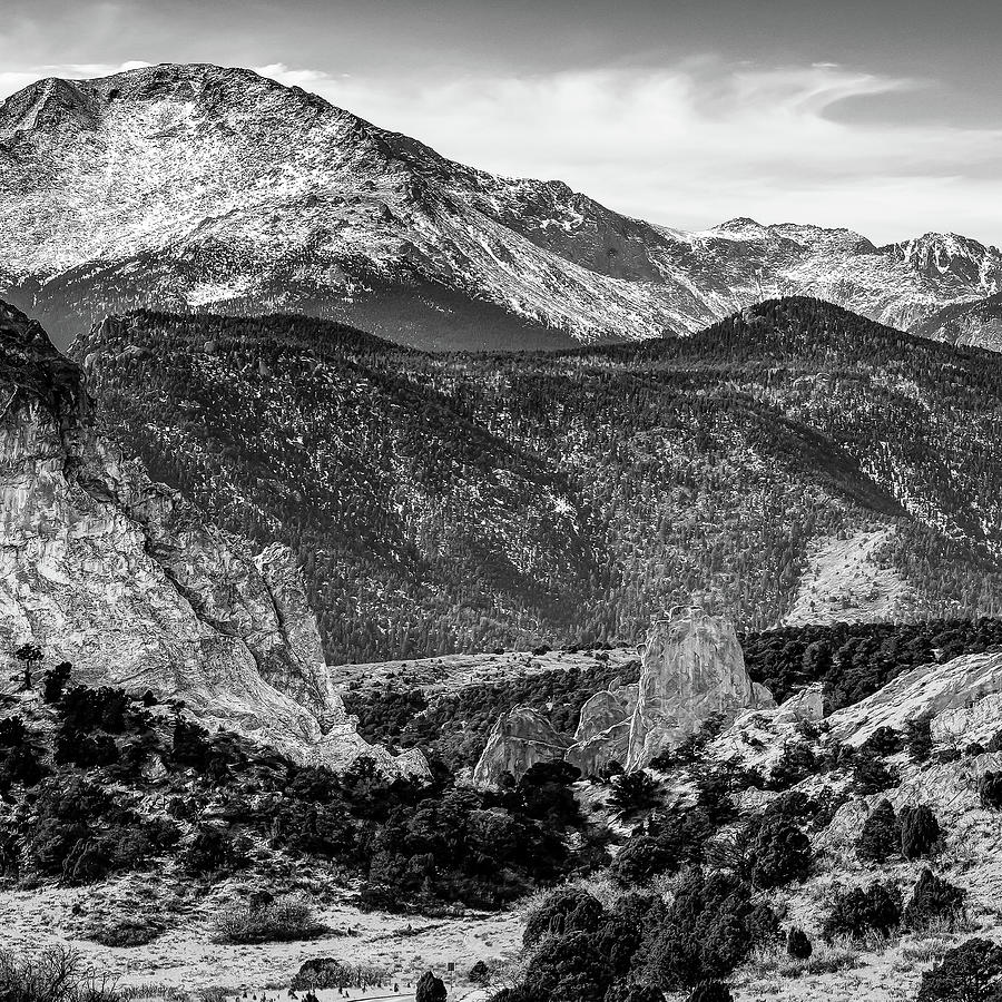 Colorado Springs Photograph - Center Panel 2 of 3 - Pikes Peak Panoramic Mountain Landscape with Garden of the Gods in Monochrome by Gregory Ballos