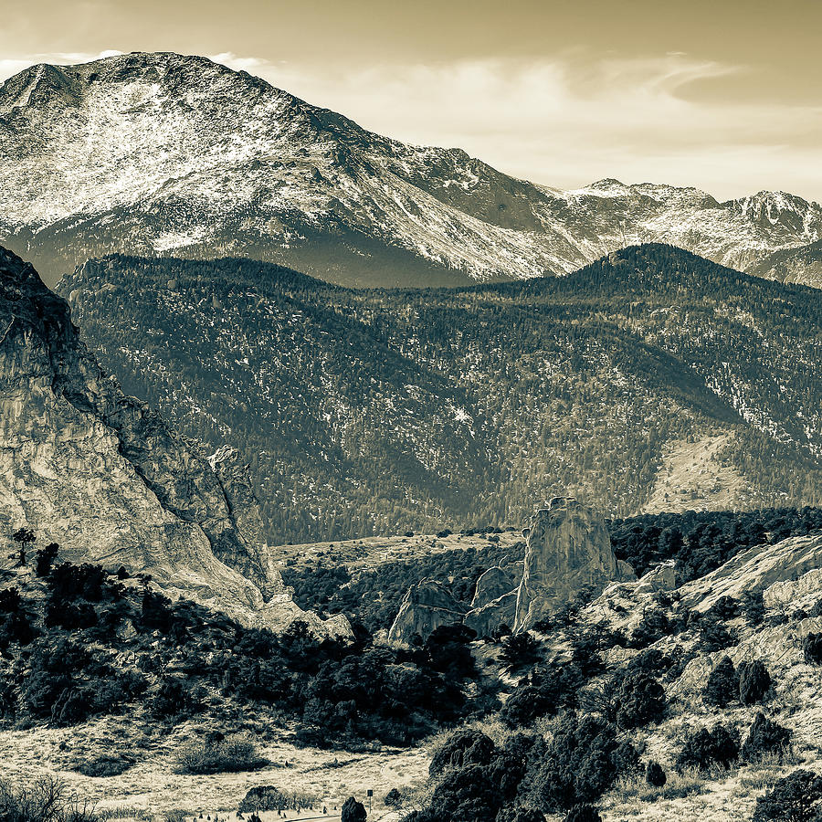 Colorado Springs Photograph - Center Panel 2 of 3 - Pikes Peak Panoramic Mountain Landscape with Garden of the Gods in Sepia by Gregory Ballos