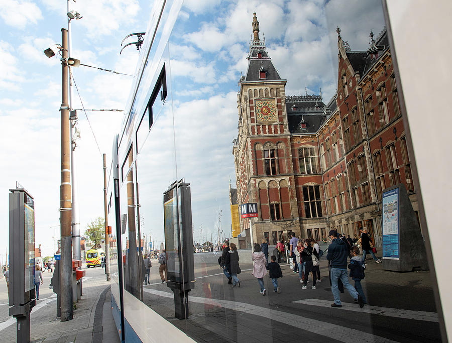 Centraal Station Reflection on Tram Photograph by Cheryl Strahl