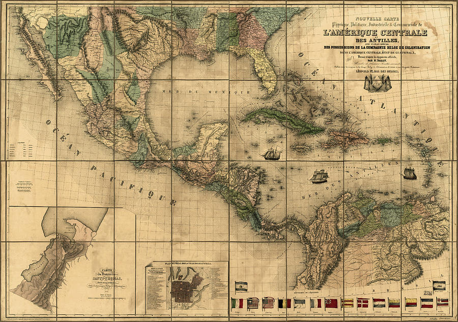 Map Drawing - Central America and The Antilles 1845 by Vintage Maps