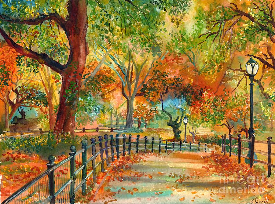 Central Park Painting - Central Park Autumn In New York City by Suzann Sines