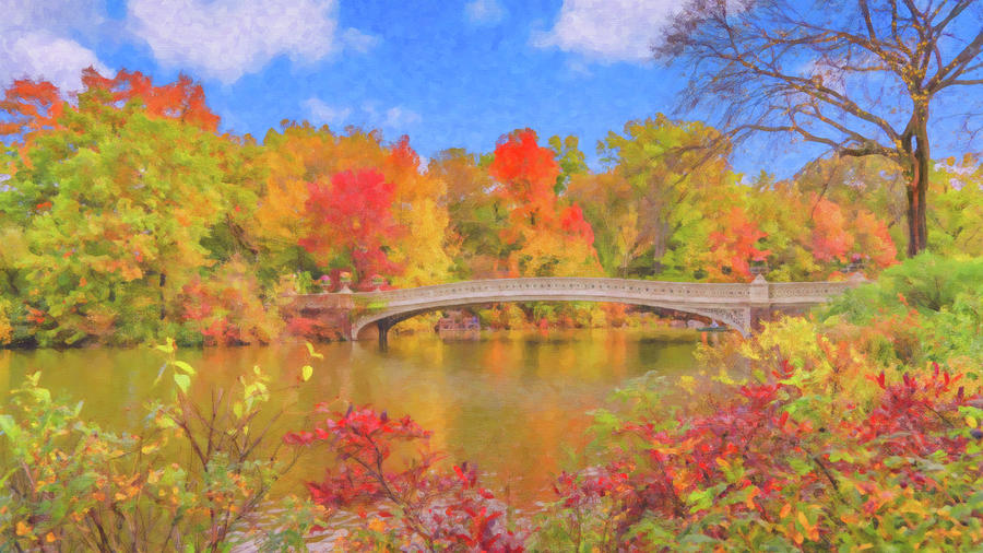 Central Park Bow Bridge In Autumn Fall Painting