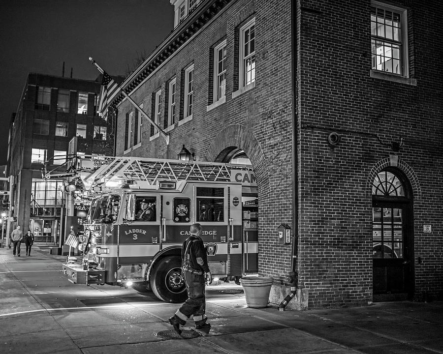 Central Square Cambridge Fire Station Cambridge MA Fire Truck Black and White Photograph by Toby McGuire