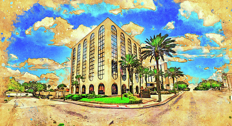 Century Plaza in downtown Lakeland, Florida - digital painting with vintage look Digital Art by Nicko Prints