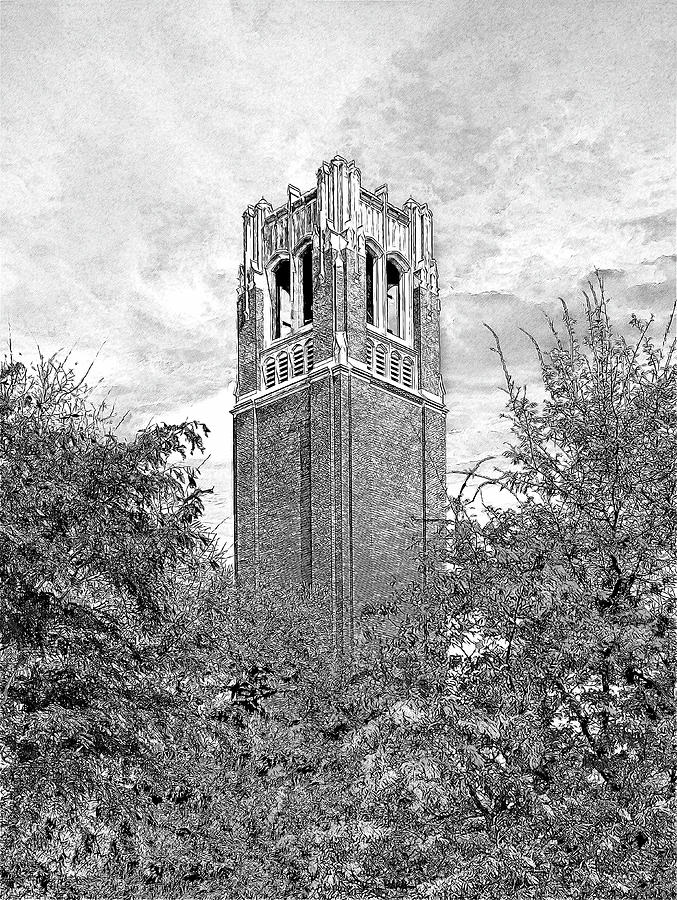 Century Tower of the University of Florida campus in Gainesville, Florida - pencil sketch Digital Art by Nicko Prints