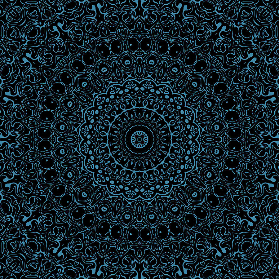 Cerulean Blue and Black Mandala Kaleidoscope Medallion Flower Digital Art by Mercury McCutcheon