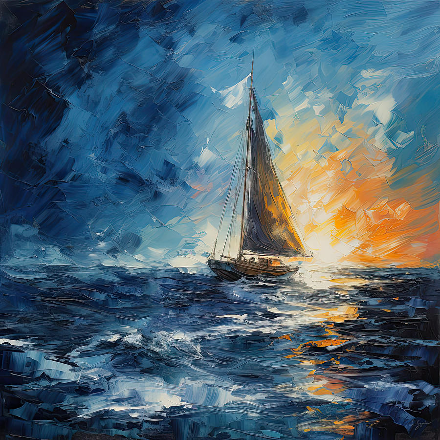 Cerulean Sailing Sunset - Sailing Boat Into A Sunset Photograph