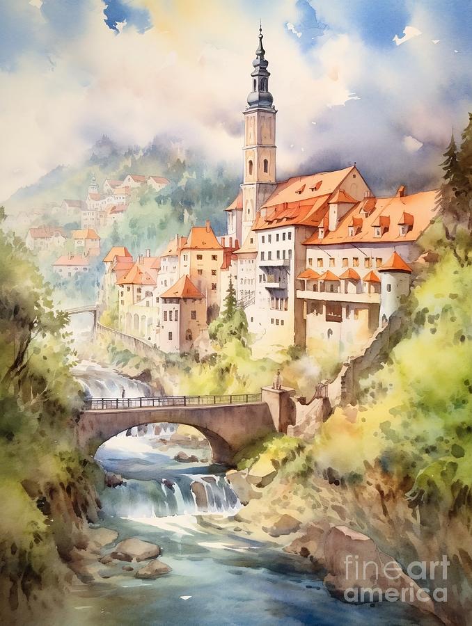 Cesky Krumlov Painting by Watercolor And Lineography - Fine Art America