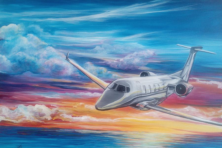 Wall Hangings Painting - Cessna Citation Jet Airplane Sunset Painting by Sonya Allen