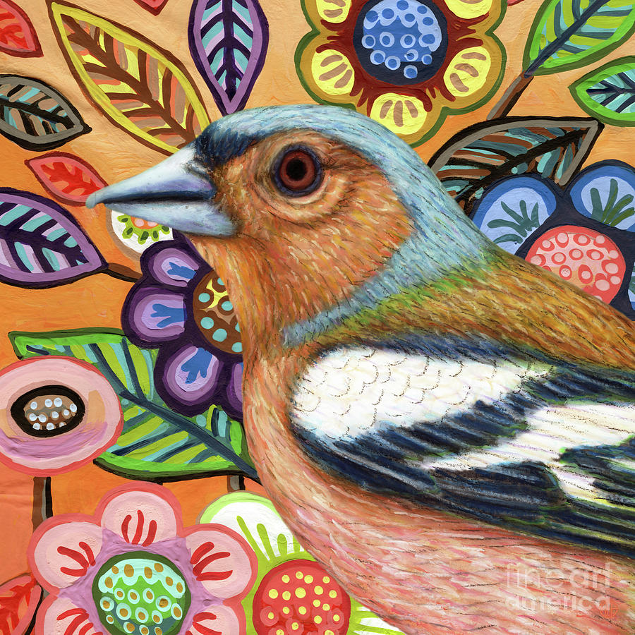 Chaffinch Folksy Floral Painting by Amy E Fraser