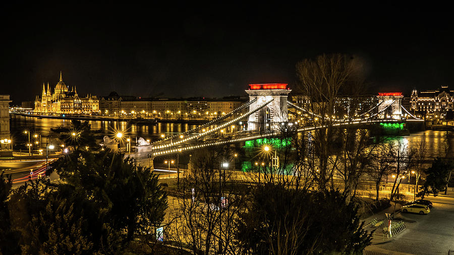 Chain Bridge lit up as the Hungarian Flag in Budapest Photograph by Tito Slack