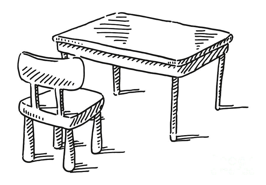 a stick figure standing behind a kitchen table drawing