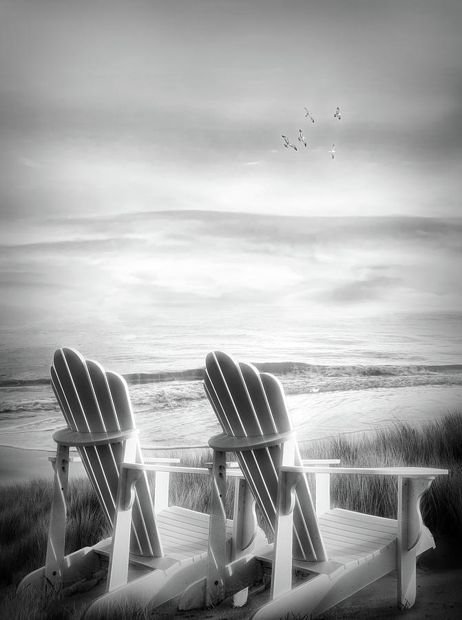 Chairs in the Dunes Black and White Photograph by Debra and Dave Vanderlaan