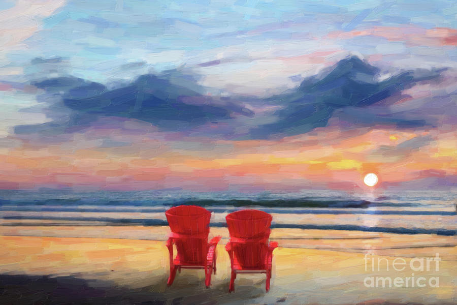 Sunset Painting - Chairs on the beach by Delphimages Photo Creations