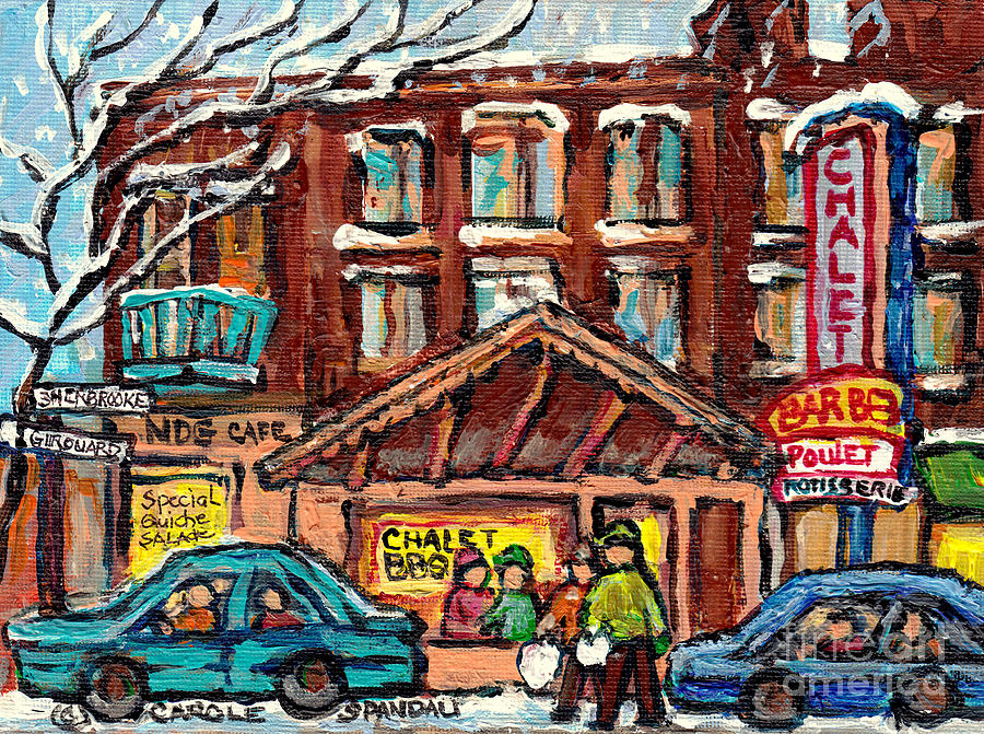 Chalet Bar B Q Ndg Landmark Montreal Art C Spandau Original Canadian Winter Scene Painting For Sale Painting by Carole Spandau
