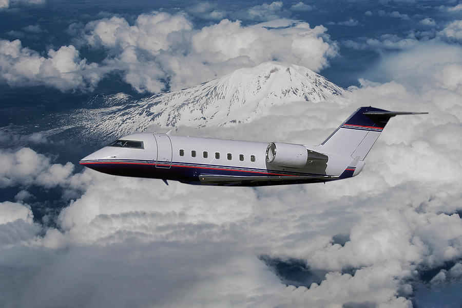 Challenger Jet over Mt. Rainier Mixed Media by Erik Simonsen